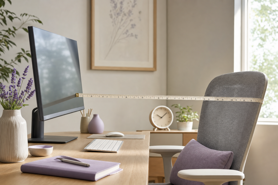 Overhead desk scene with a monitor at eye level, a tape measure showing viewing distance, and a small clock nearby.