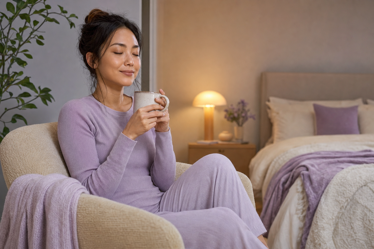 Reader taking a calm break from a screen in a natural room setting.
