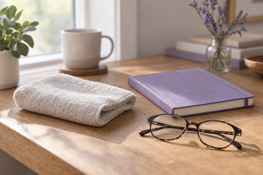 Folded dry washcloth, closed notebook, and reading glasses on a wood table in soft natural light.