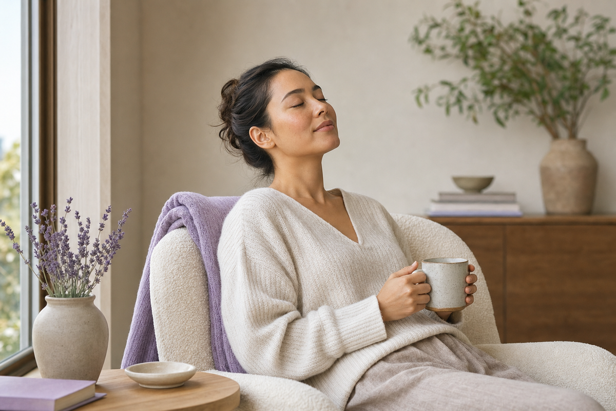 Reader taking a calm break from a screen in a natural room setting.