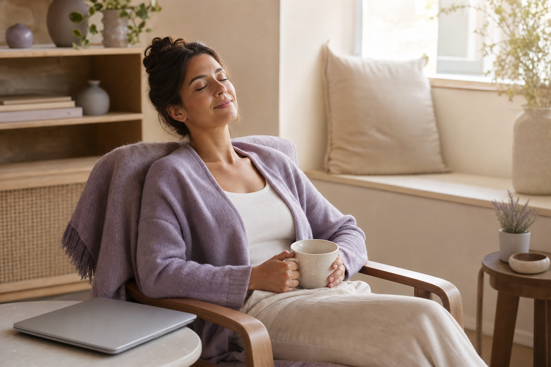 Reader taking a calm break from a screen in a natural room setting.