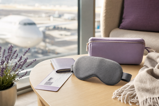 Folded eye mask, boarding pass, and travel pouch on a lounge table suggesting pre-flight eye comfort preparation.