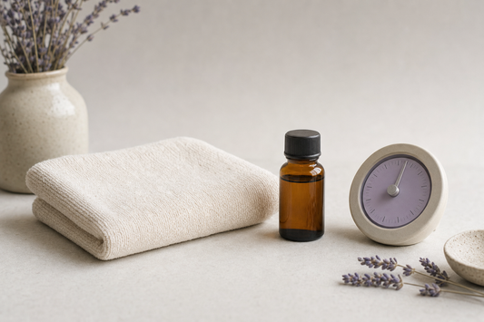 Folded plain cotton washcloth, a small closed amber glass bottle, and a simple analog timer arranged on a pale matte surface in soft daylight