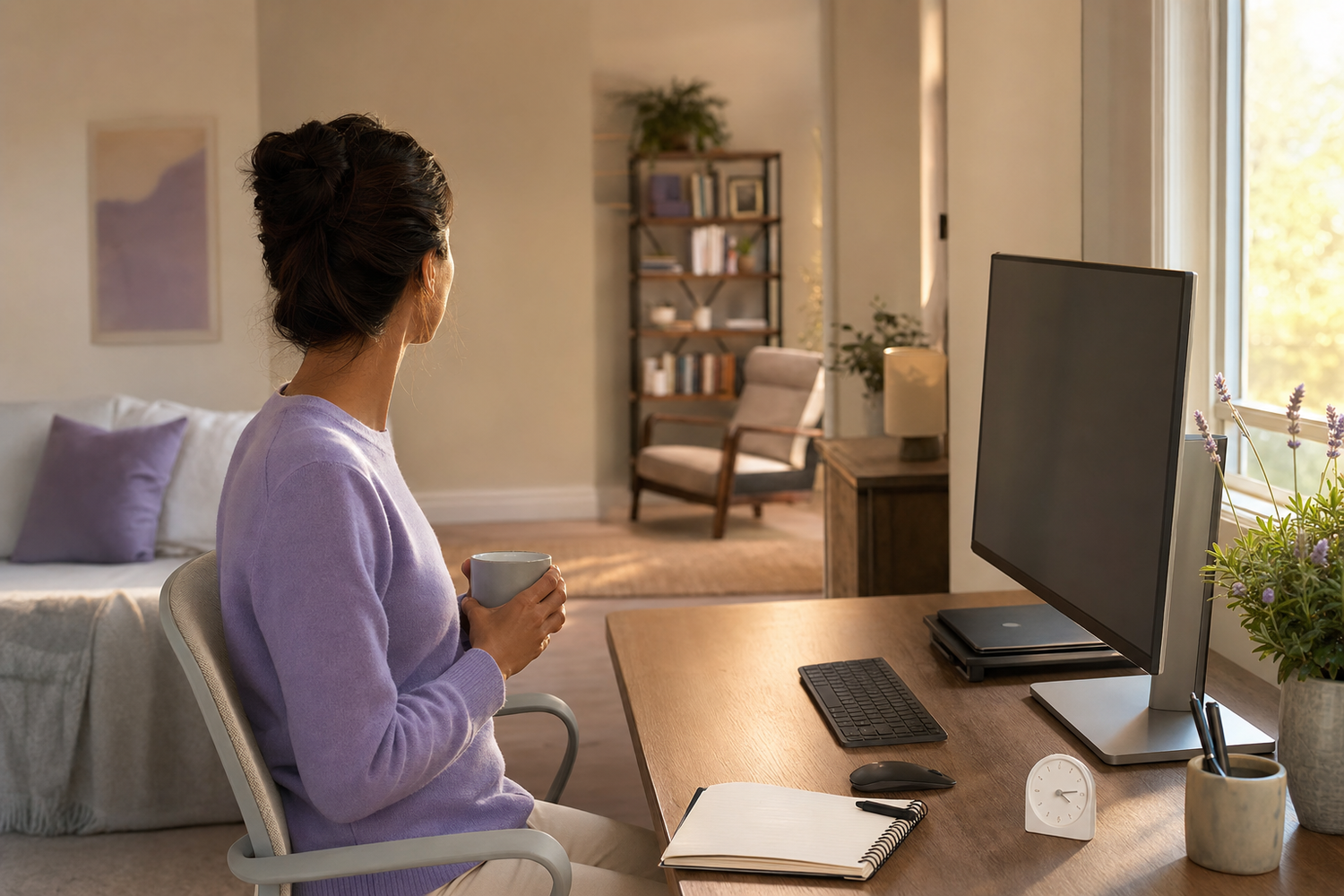 Home-office worker looking away from a monitor positioned below eye level during a screen break.