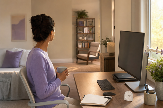 Home-office worker looking away from a monitor positioned below eye level during a screen break.