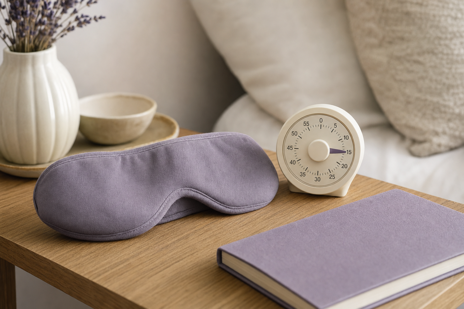 Folded dry cloth eye covering next to an analog timer set near fifteen minutes on a wooden table.