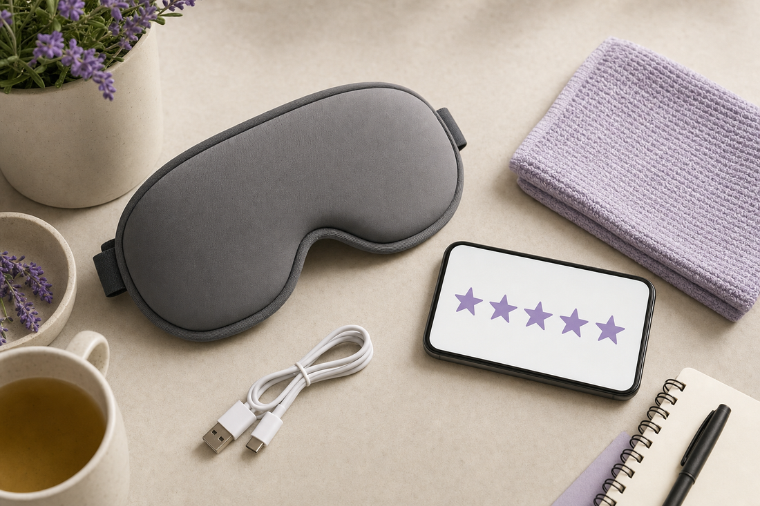 Unbranded rechargeable eye mask, charging cable, and phone with a star icon arranged for an online review research scene.