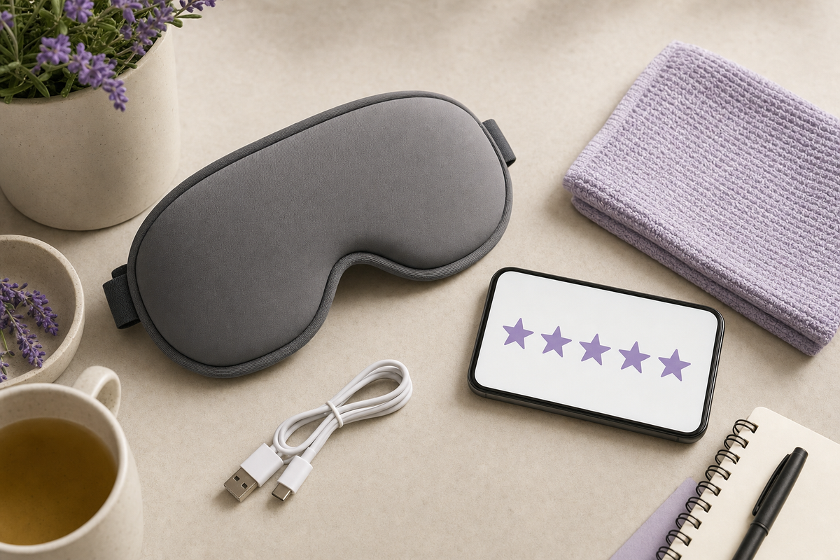 Unbranded rechargeable eye mask, charging cable, and phone with a star icon arranged for an online review research scene.