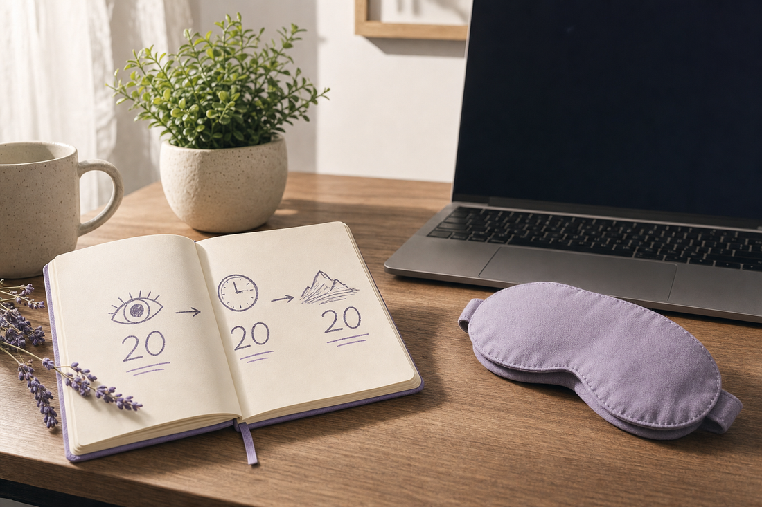 Desk scene with a notebook showing the 20-20-20 rule, a folded cloth eye mask, and a dimmed laptop during a screen break.