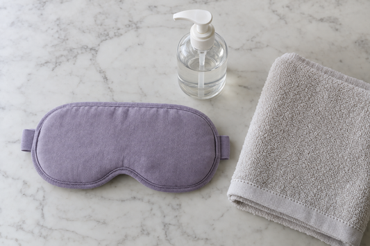 Folded fabric heated eye mask on a towel next to mild soap, representing manufacturer cleaning steps.