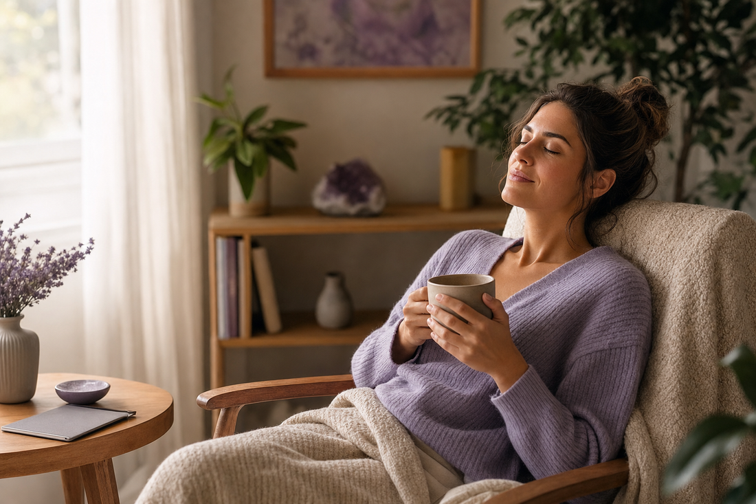 Reader taking a calm break from a screen in a natural room setting.