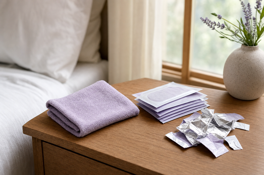 Folded washcloth next to disposable eye mask wrappers on a nightstand, illustrating reusable versus single-use waste.