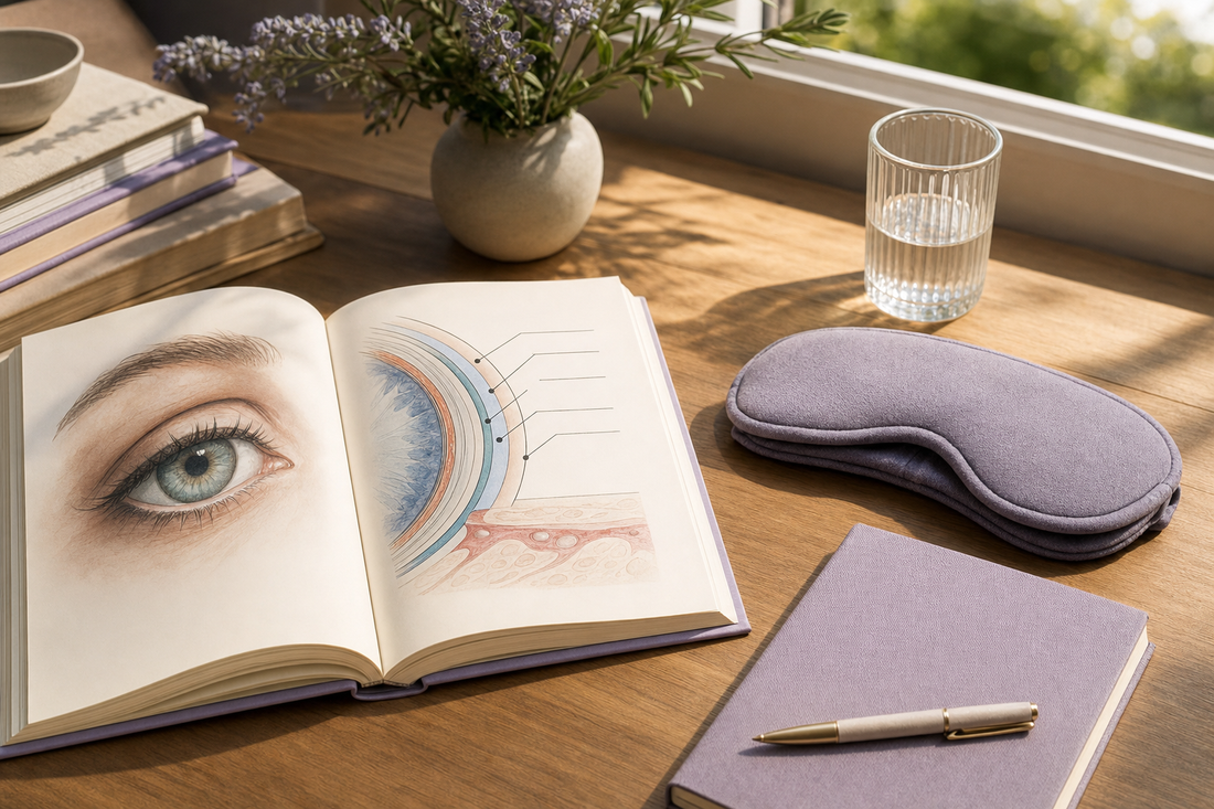 Open eye-anatomy diagram book beside a folded fabric eye mask on a sunlit desk, evoking research into moist heat and eye comfort.
