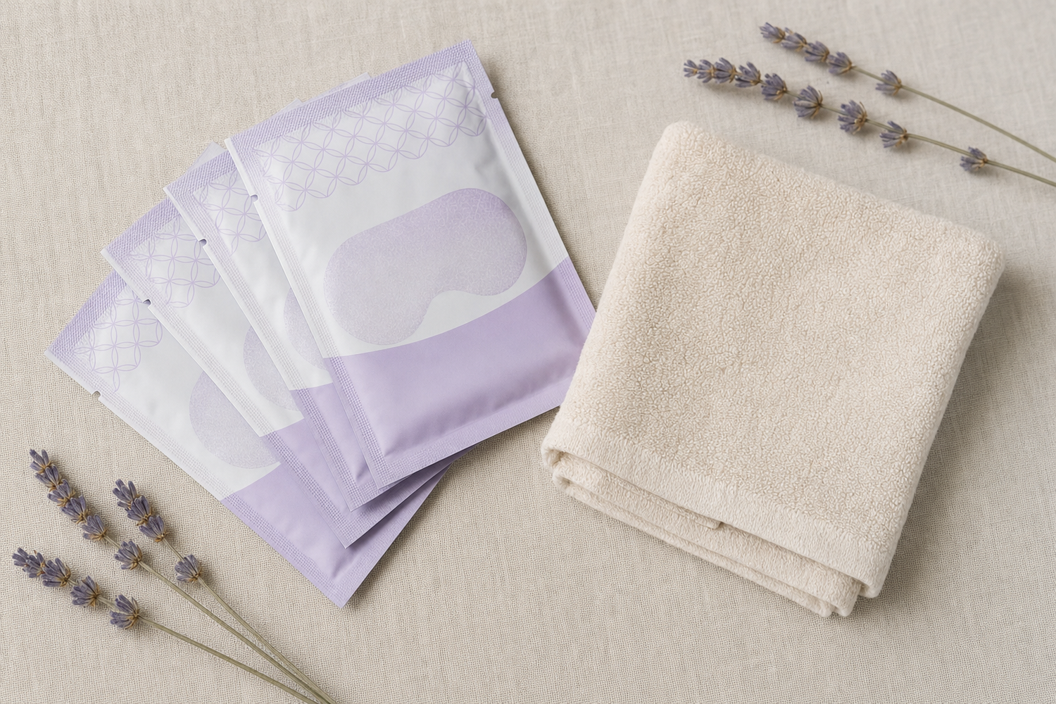 Unopened disposable self-heating eye mask sachets arranged beside a plainly folded dry washcloth on a neutral linen surface.