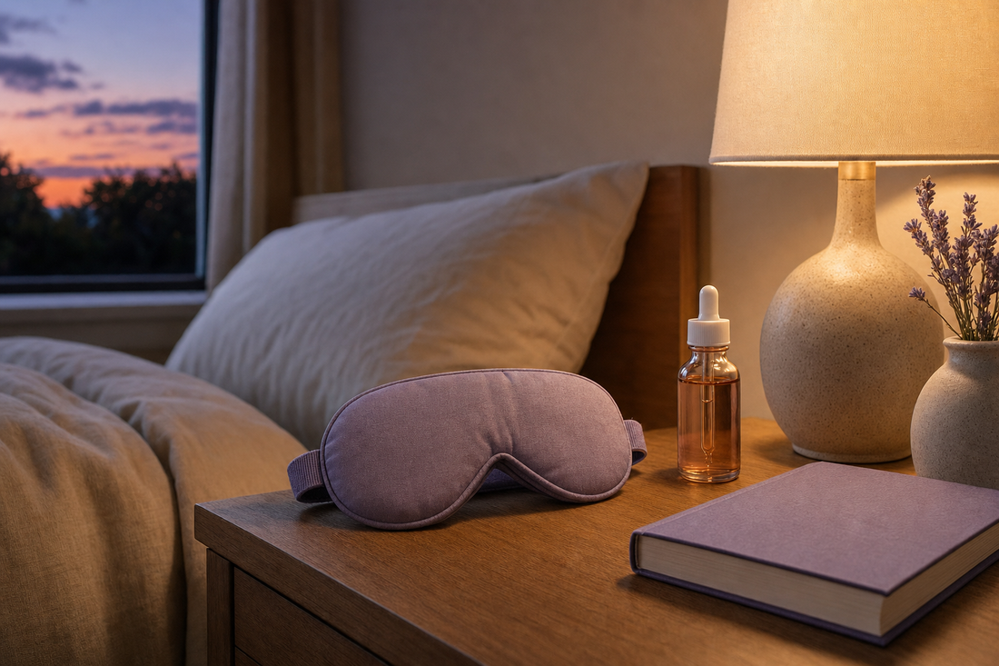 Folded eye mask and small bottle arranged on a nightstand beside a closed book in warm lamp light for a bedtime routine.