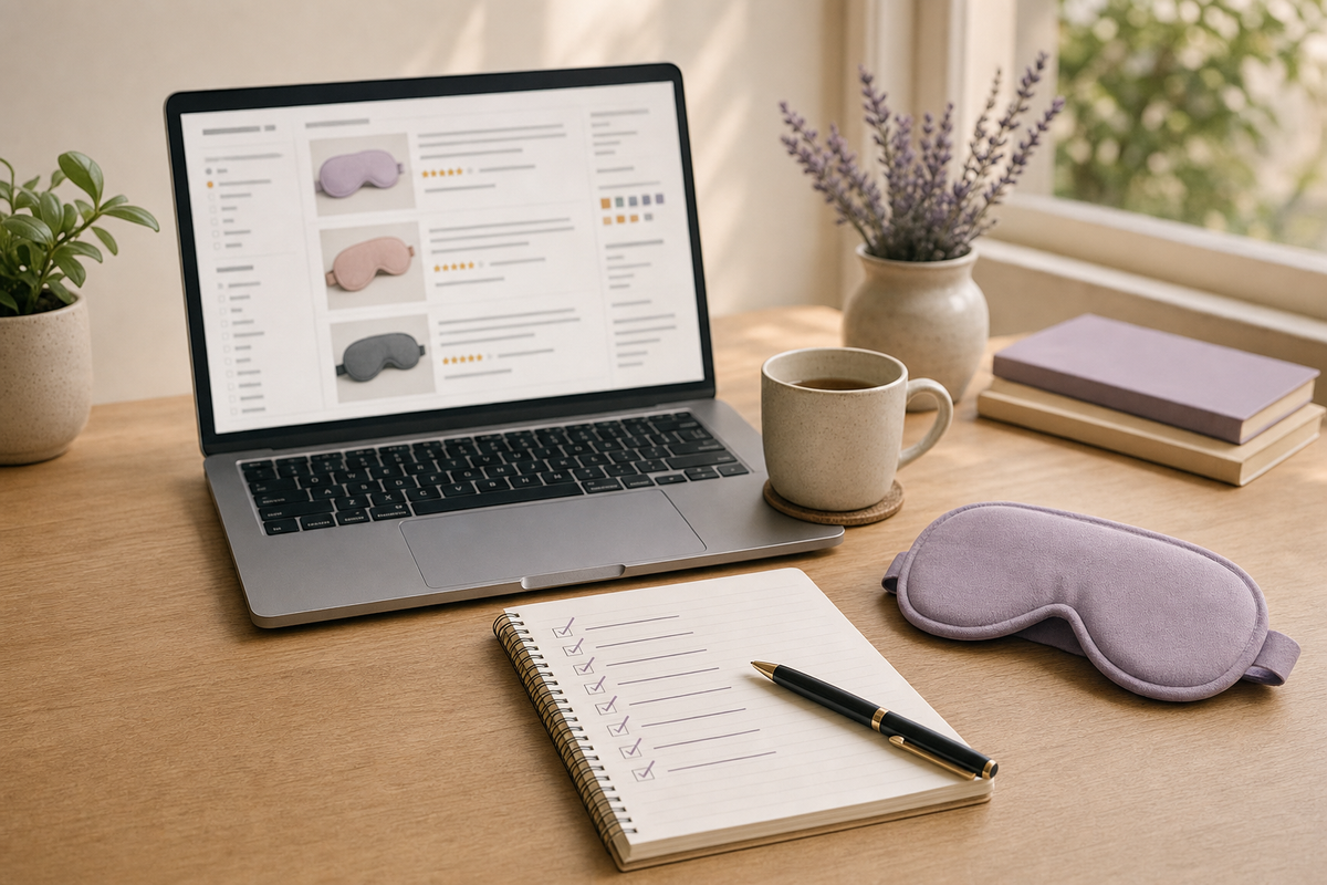 Laptop showing a generic online product listing beside a handwritten review-checking checklist and a folded eye mask on a desk.
