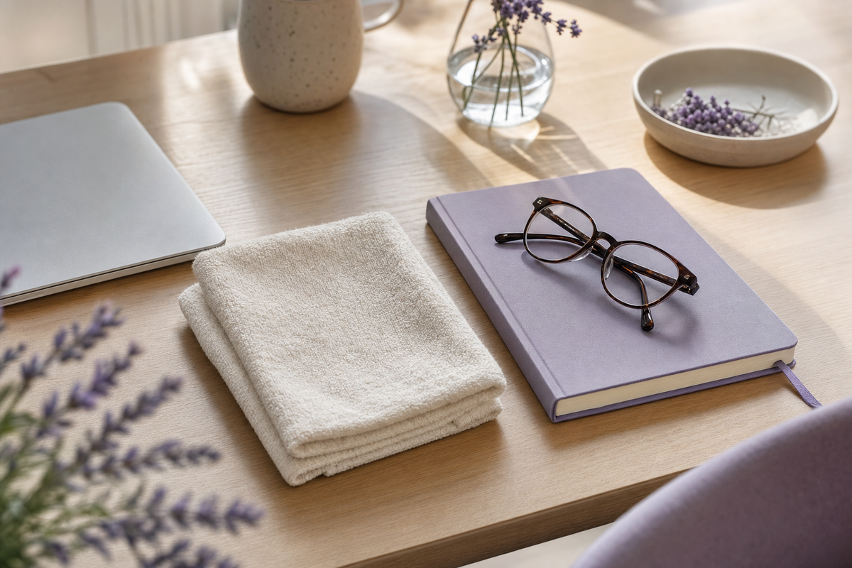 Folded washcloth, closed notebook, and glasses on a desk suggesting a screen-break pause.