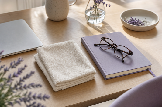 Folded washcloth, closed notebook, and glasses on a desk suggesting a screen-break pause.