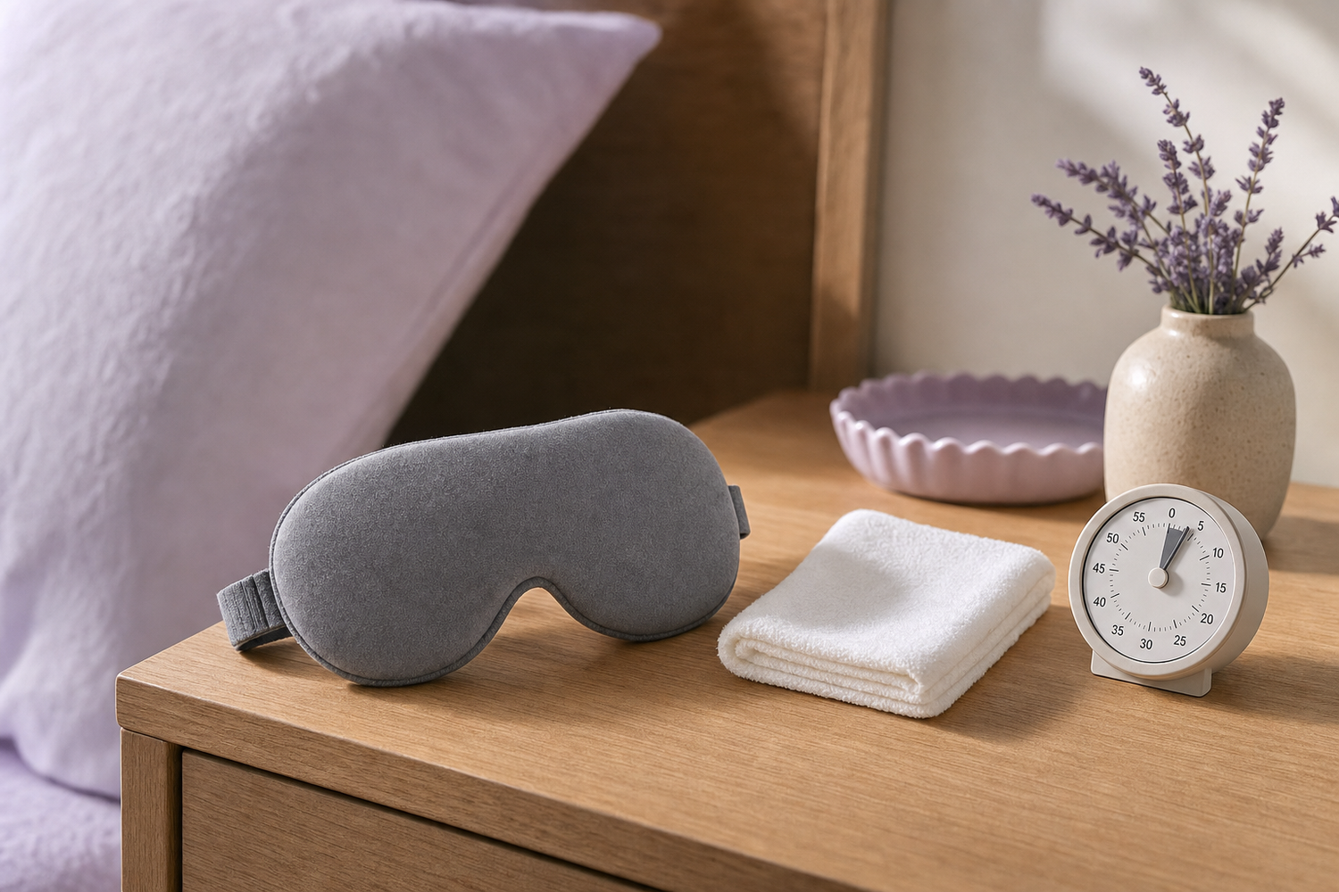 Unbranded eye mask, folded washcloth, and timer set to twelve minutes on a nightstand suggesting a daily routine.