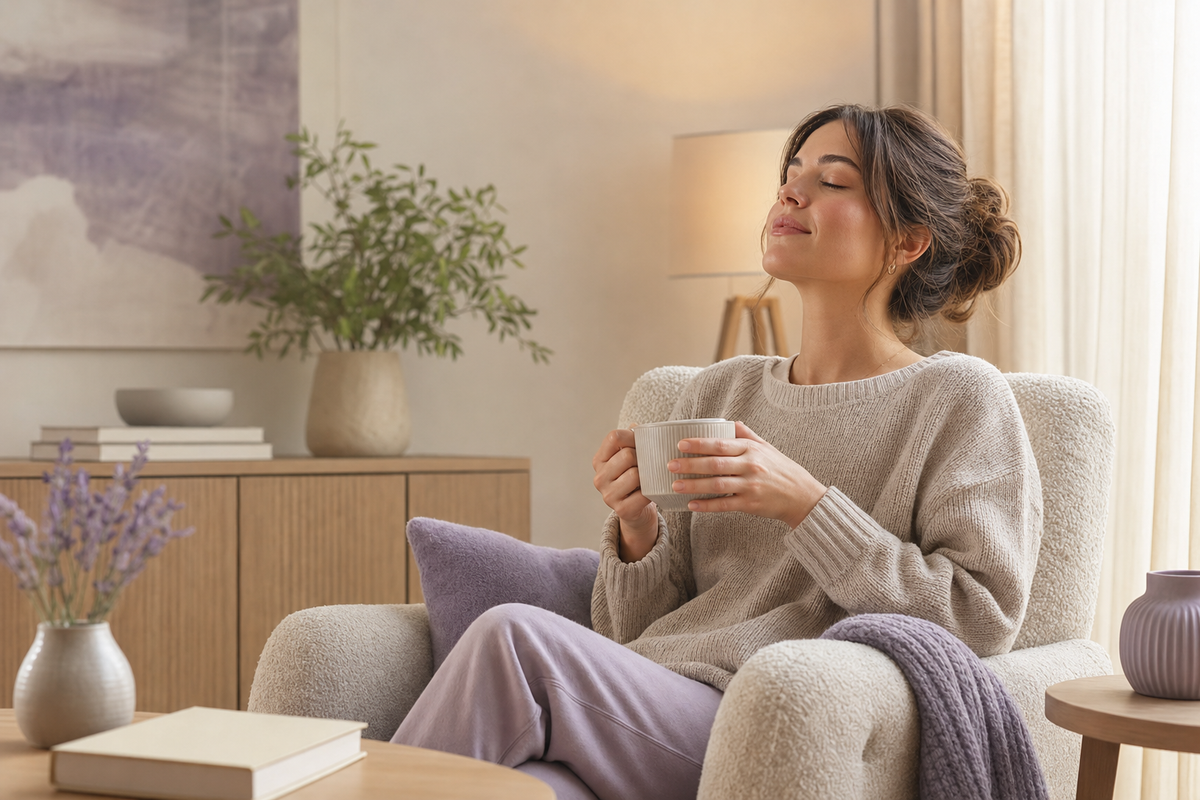 Reader taking a calm break from a screen in a natural room setting.
