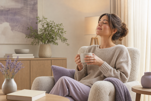 Reader taking a calm break from a screen in a natural room setting.