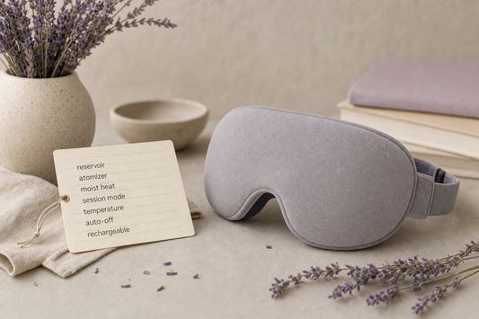 Unbranded steam eye mask beside small glossary term cards on a neutral tabletop background.