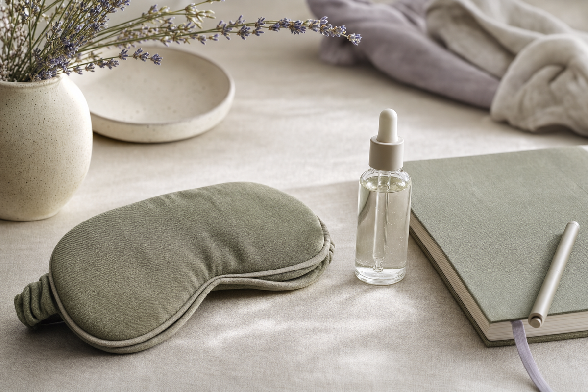 Folded eye mask and glass dropper bottle on linen beside a closed notebook, evoking a calm review of moist-heat eye mask research.