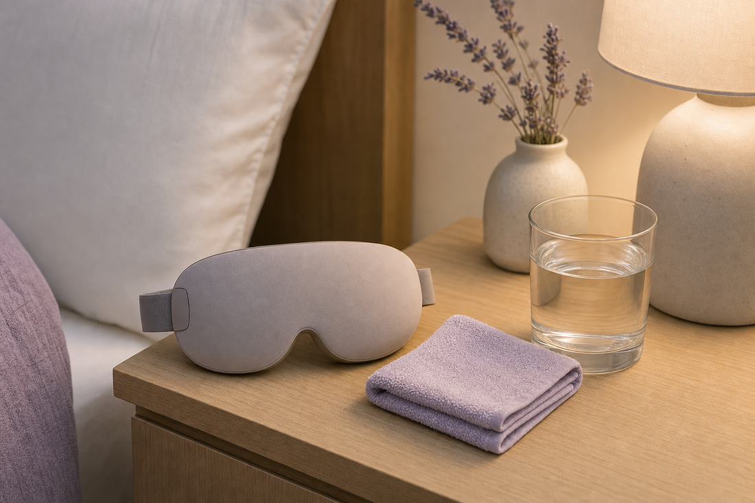 Unbranded eye mask device and a simply folded cotton washcloth on a nightstand, suggesting an evening eye-comfort routine.