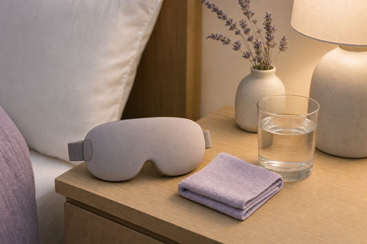 Unbranded eye mask device and a simply folded cotton washcloth on a nightstand, suggesting an evening eye-comfort routine.