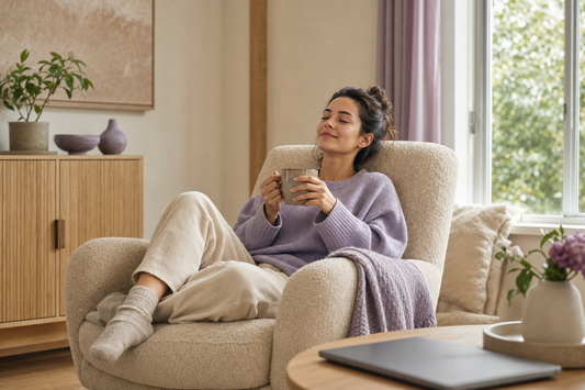 Reader taking a calm break from a screen in a natural room setting.
