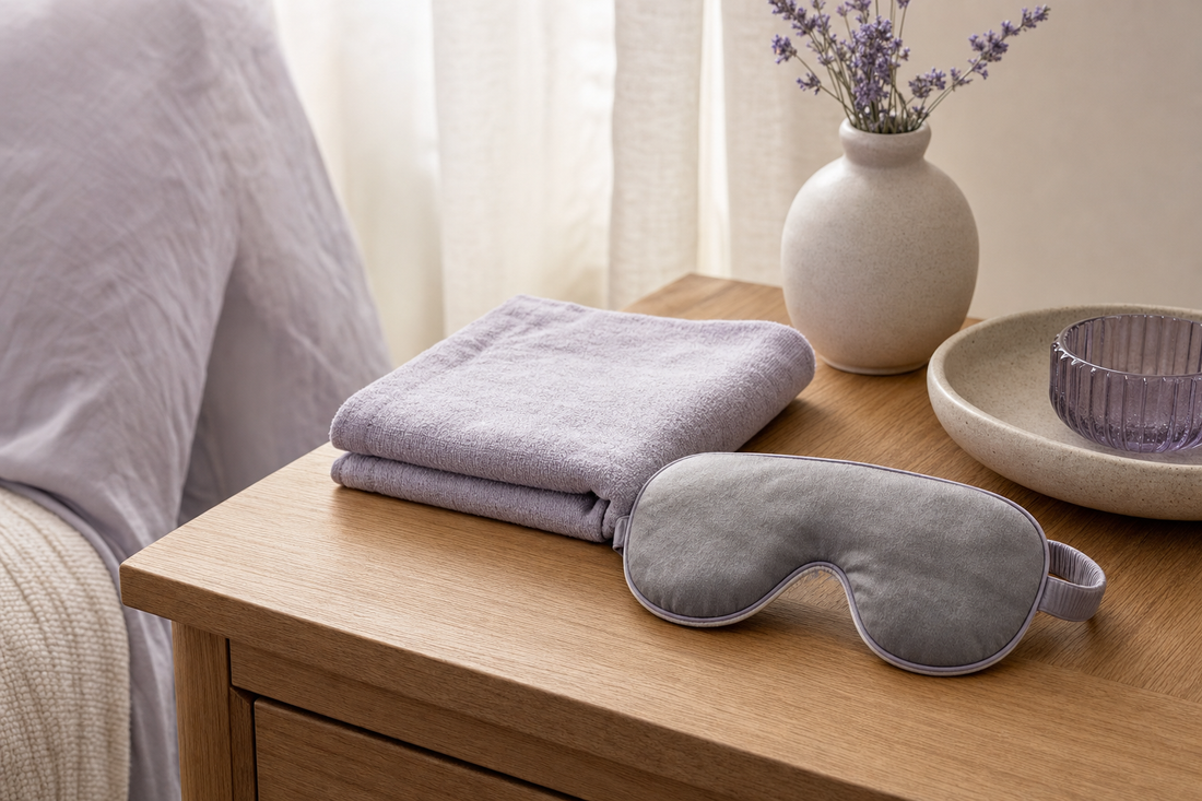 Folded cotton washcloth beside a closed eye mask on a nightstand, representing a warm-compress comfort routine.
