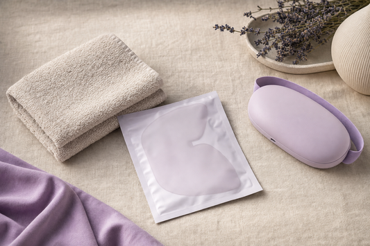 Folded washcloth, sealed disposable eye mask pouch, and rechargeable device shape arranged on linen to represent steam mask format choices.