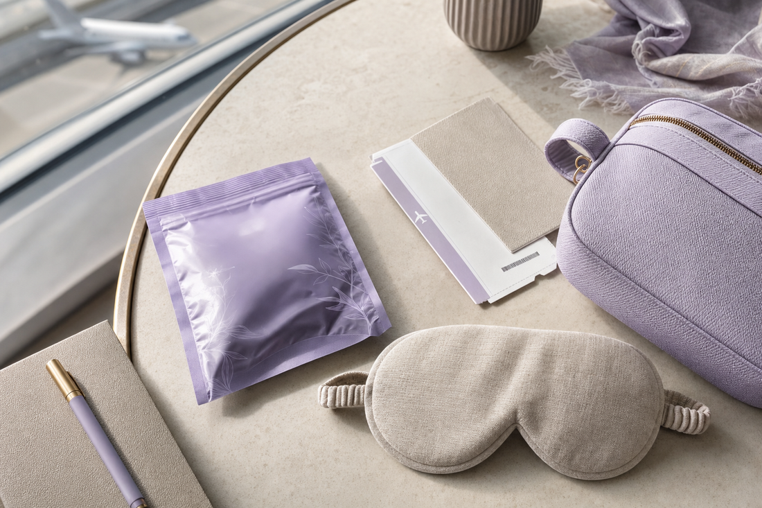 Flat-lay of a sealed steam eye mask pouch, folded cloth mask, and boarding pass on an airport lounge table before a flight.