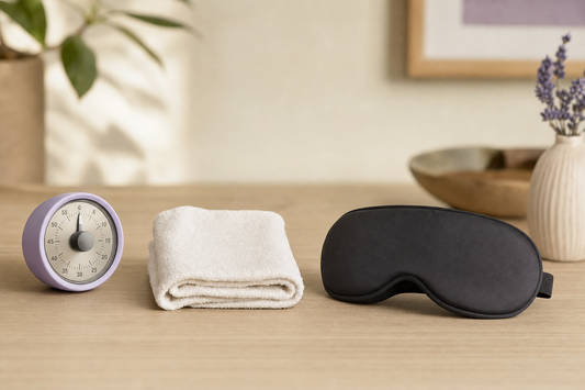 Folded cotton washcloth and a plain closed eye mask beside a kitchen timer on a desk, symbolizing session-length comparison.