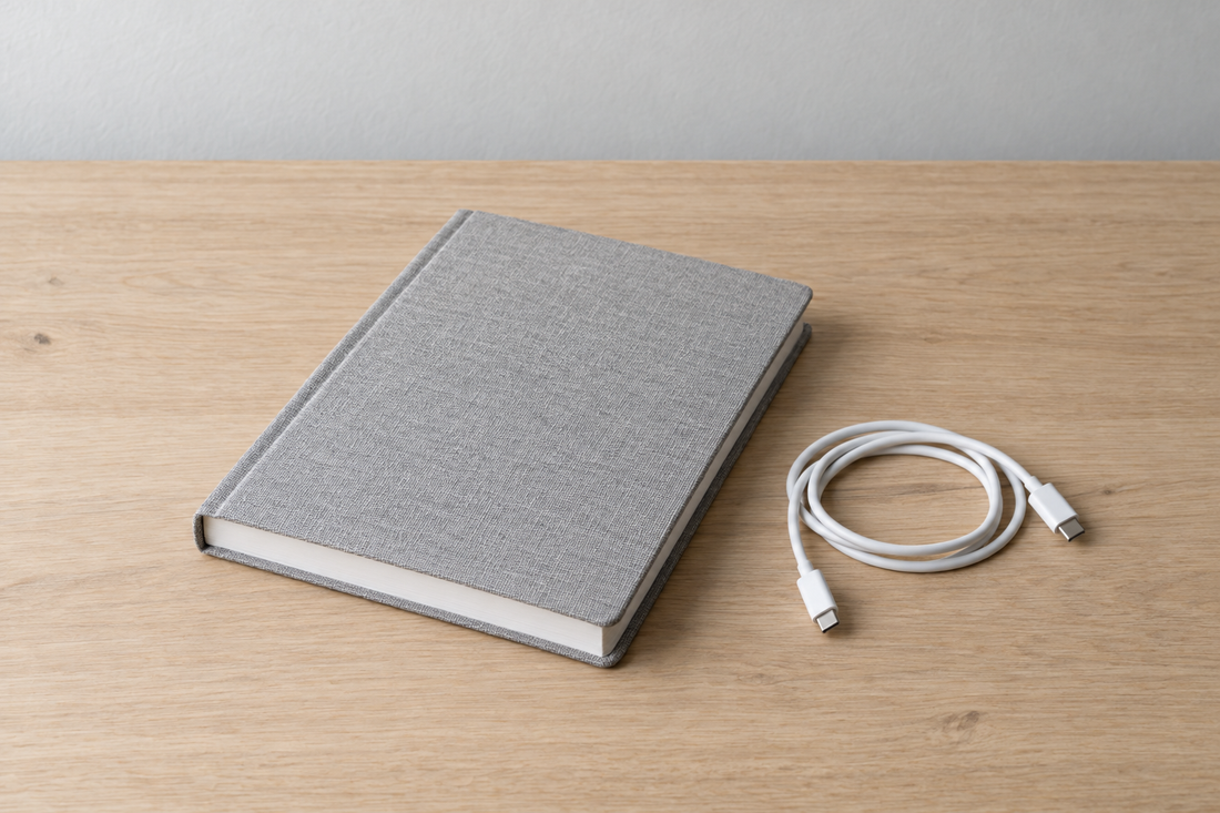 Illustrative closed blank notebook and an unbranded USB cable on a desk; no Therabody or Beminda product is shown.