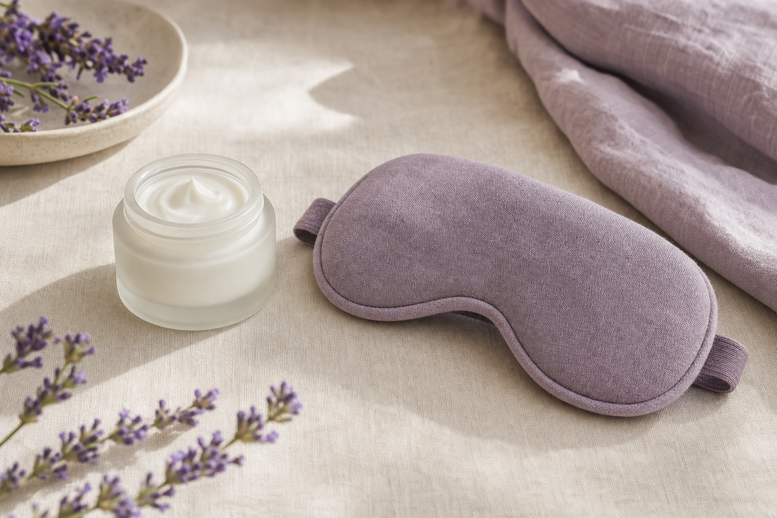 Flat lay of an unbranded eye cream jar next to a folded fabric eye mask on a neutral linen surface, no steam or logos visible.
