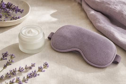Flat lay of an unbranded eye cream jar next to a folded fabric eye mask on a neutral linen surface, no steam or logos visible.