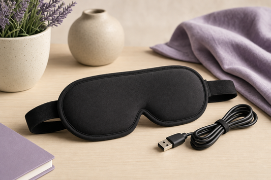 Unbranded strapped eye mask with a coiled USB cable resting flat on a desk, representing tethered heated eye mask designs.