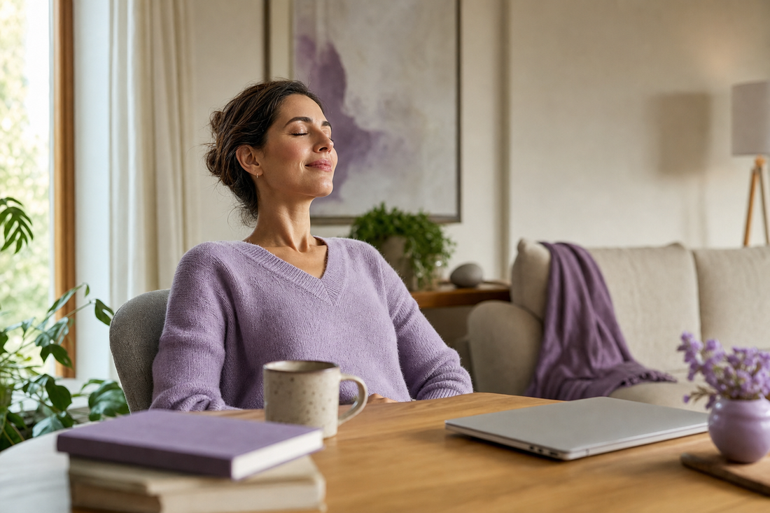 Reader taking a calm break from a screen in a natural room setting.