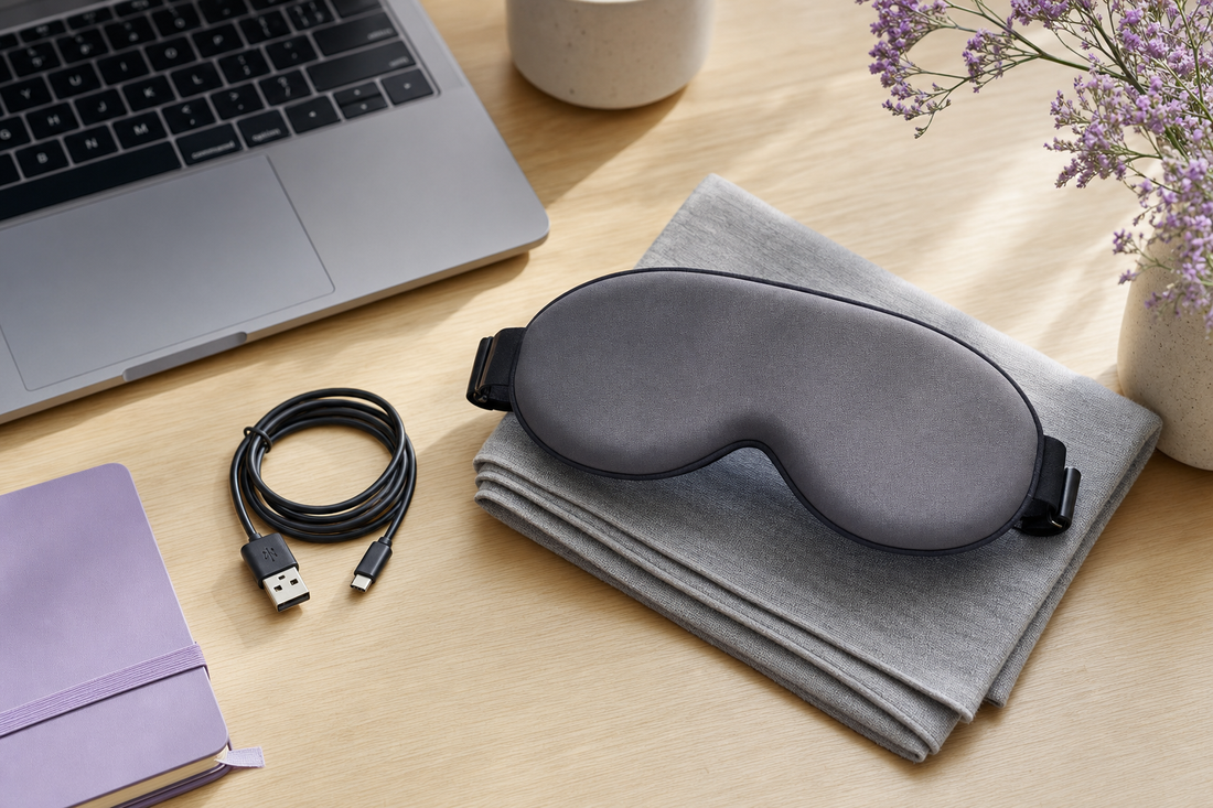 Coiled USB cable beside a compact eye mask and folded cloth on a desk, suggesting a workspace power-source comparison.