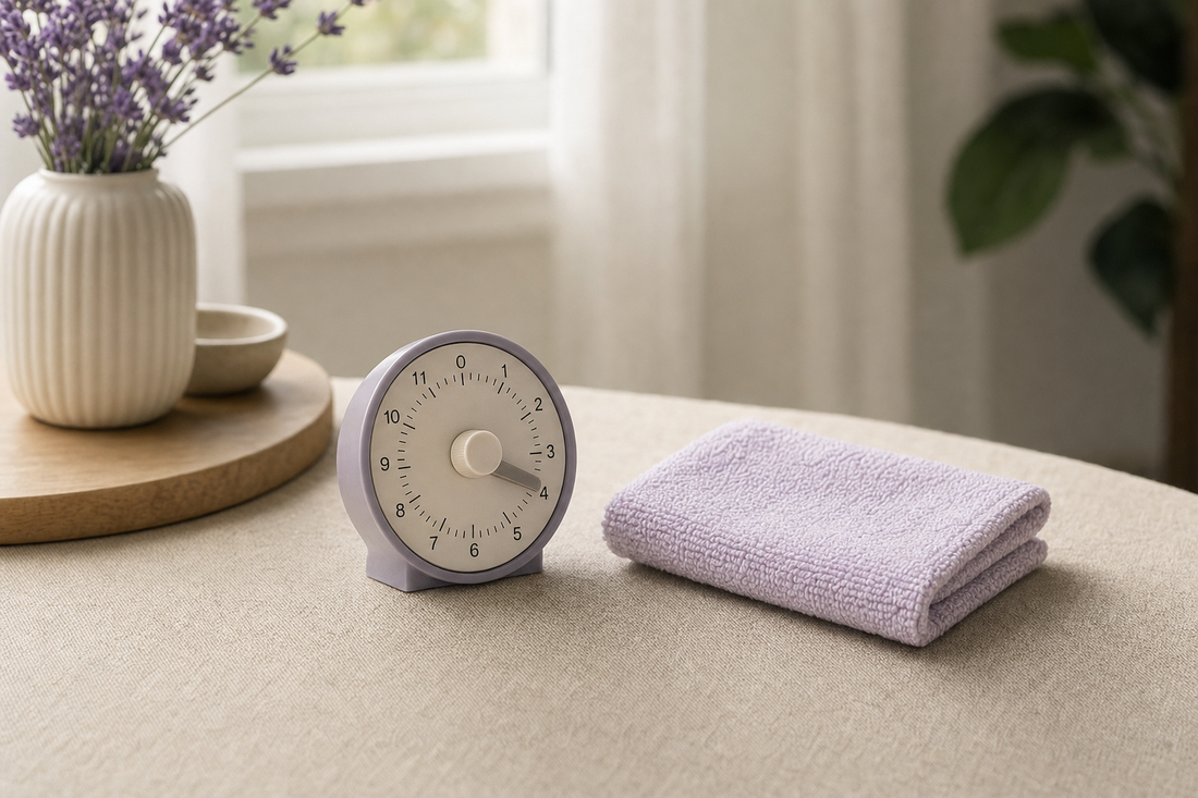 Kitchen timer set to four minutes beside a folded cotton washcloth on a linen surface, referencing warm compress timing.