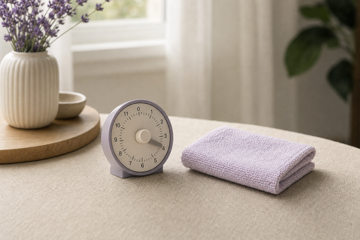 Kitchen timer set to four minutes beside a folded cotton washcloth on a linen surface, referencing warm compress timing.