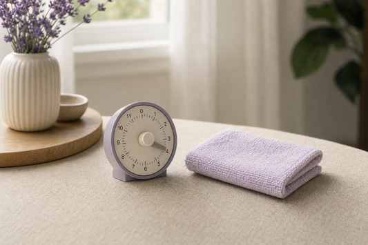 Kitchen timer set to four minutes beside a folded cotton washcloth on a linen surface, referencing warm compress timing.