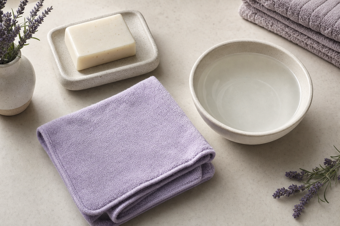 Folded flannel, basin of water, and hand soap arranged on a counter for preparing a homemade warm eye compress