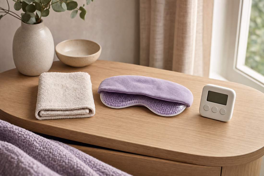Folded washcloth, bead eye mask, and timer arranged on a table to compare warm compress for eyes methods.