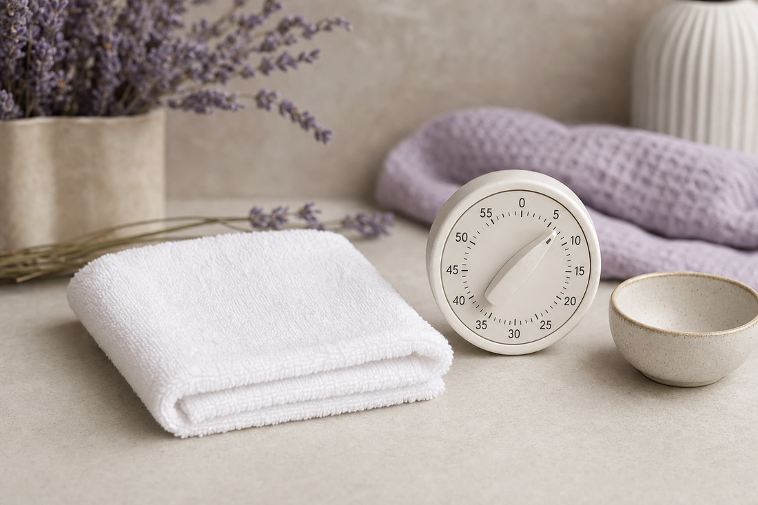 Folded flannel beside a kitchen timer set near ten minutes on a plain countertop, evoking timed warm compress routines.
