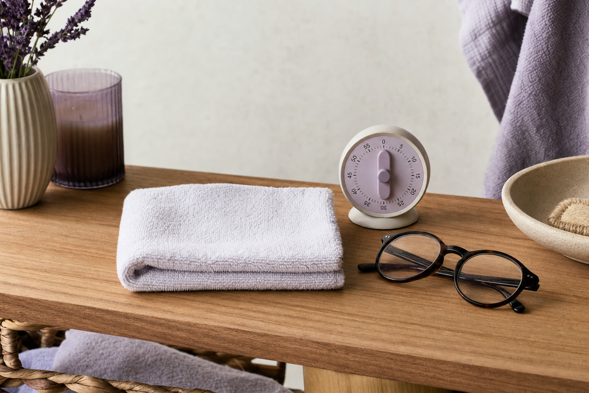 Folded cotton washcloth, timer, and glasses on a shelf, symbolizing care in choosing a warm compress method.