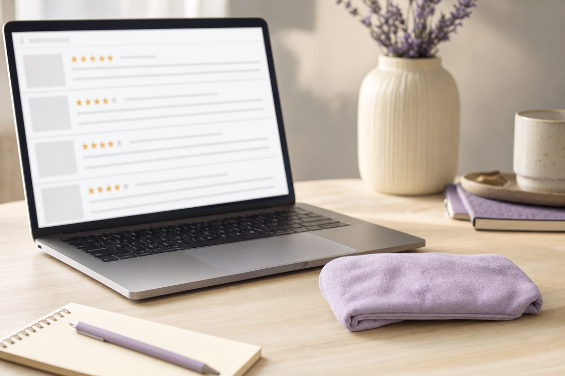 Laptop showing star-rating reviews next to a folded eye compress cloth on a desk, symbolizing checking sources before buying.