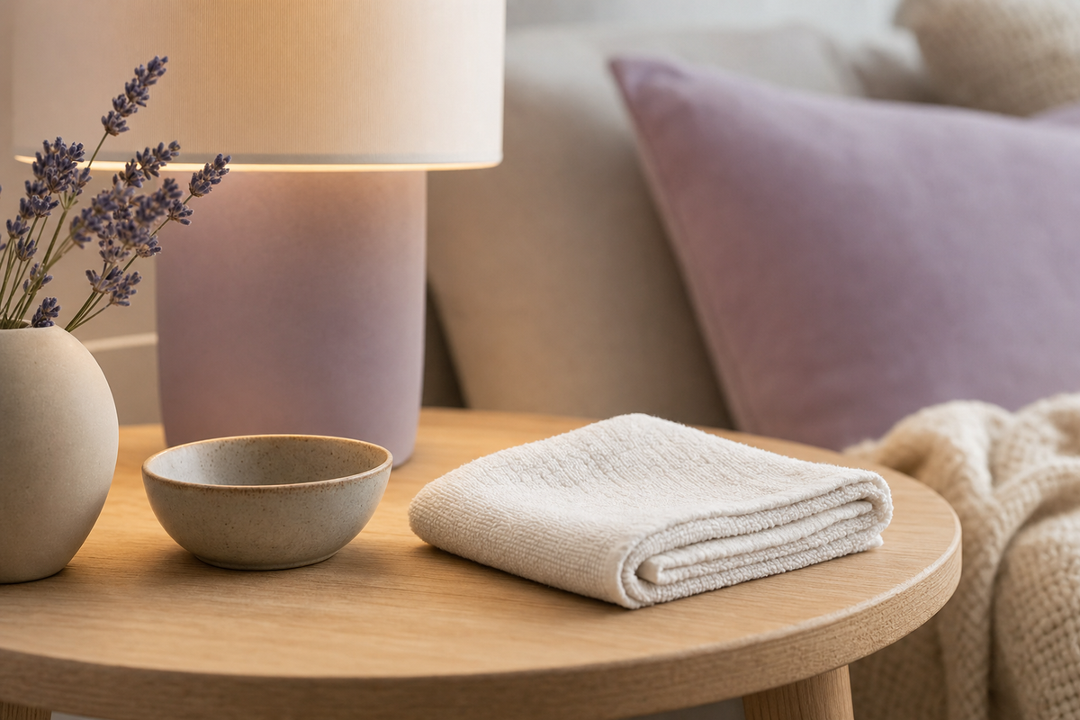 Folded cotton washcloth and ceramic bowl on a wooden table, styled for an at-home eye-comfort pause.