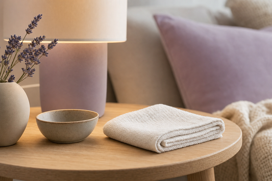 Folded cotton washcloth and ceramic bowl on a wooden table, styled for an at-home eye-comfort pause.